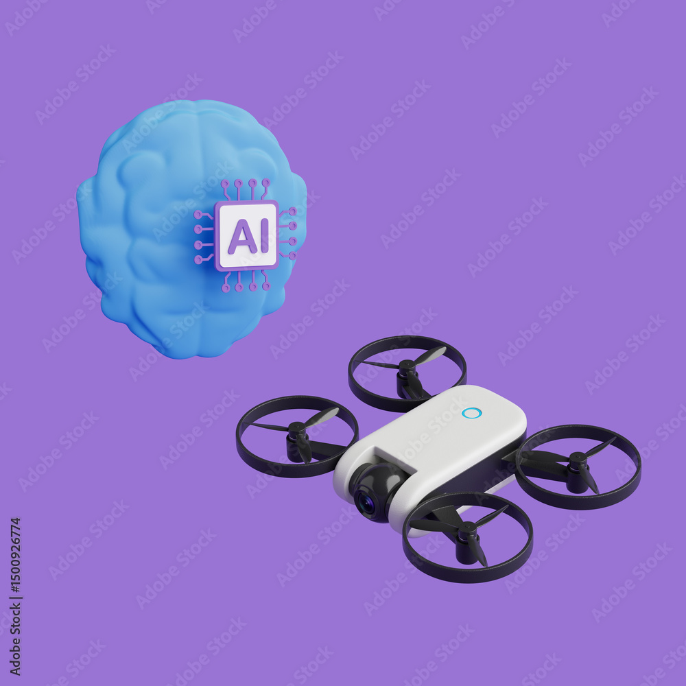 Poster Artificial Intelligence Control Concept. Flying Smart Drone With Ai Brain Symbol. 3d Rendering