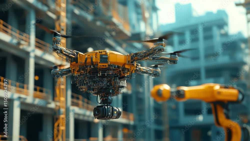 Poster an automated construction site where drones and robots work together to assemble prefabricated build