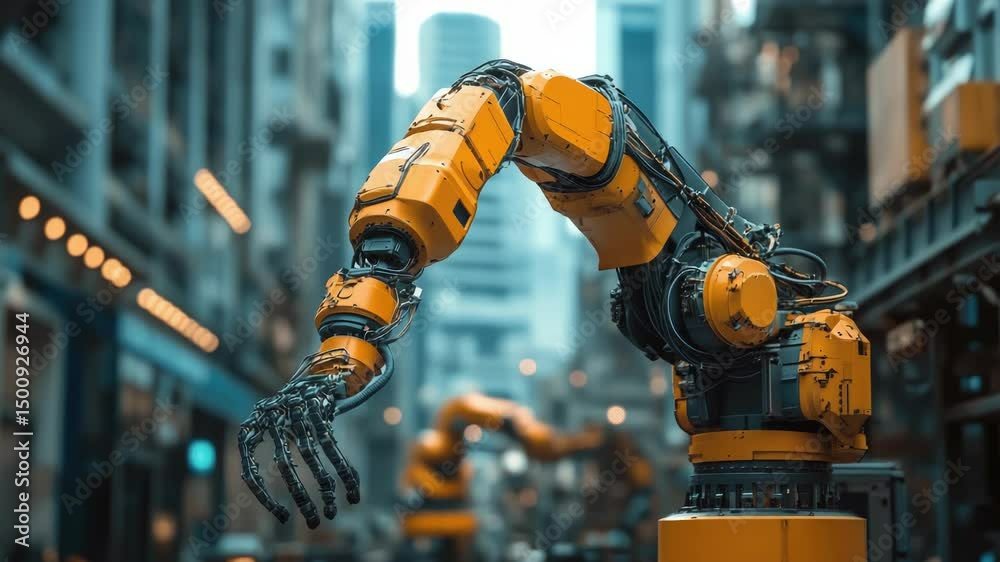 Poster an automated construction site where drones and robots work together to assemble prefabricated build