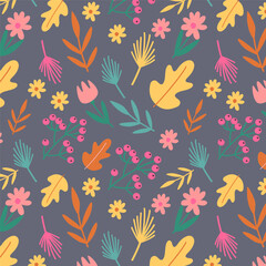 Autumn seamless pattern with colorful flowers, foliage, and seasonal plants in vibrant vector design.