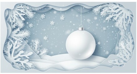 Winter Paper Cut Christmas Illustration with White Ornament and Snow