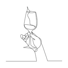Continuous single line hand holding wine cocktail glass for party event sketch drawing editable stroke vector illustration