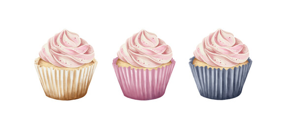 Delicious cupcakes with pink icing isolated watercolor hand drawn illustration. Symbolize happiness, friendship, and celebration