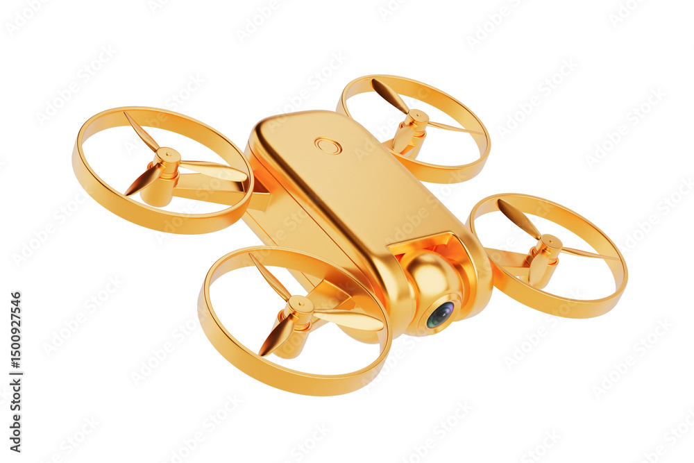 Poster modern surveillance technology concept. shiny gold drone with camera. 3d rendering