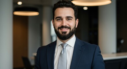 Fototapeta premium Confident Professional Portrait: A Successful Businessman - A charismatic businessman smiles warmly, conveying success, confidence, friendliness