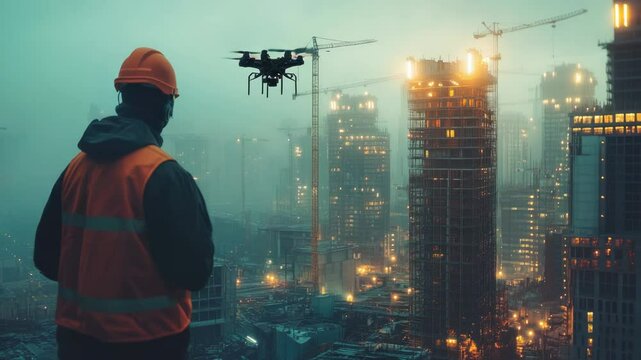 male builder inspects construction site with ai drone alongside humans, robot working on construction site,banner. copy space