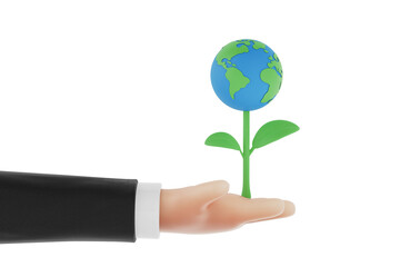 Eco Responsibility Concept. Green Plant Icon With Earth Globe Growing From Hand. 3d Rendering