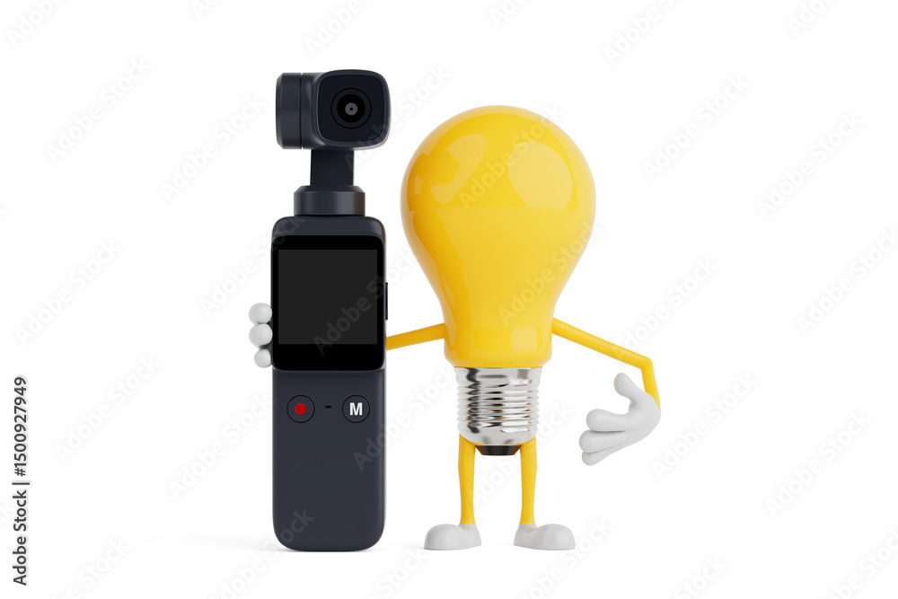 Poster Content Creation Idea Concept. Yellow Cartoon Light Bulb Character Holding Action Camera With Gimbal. 3d Rendering