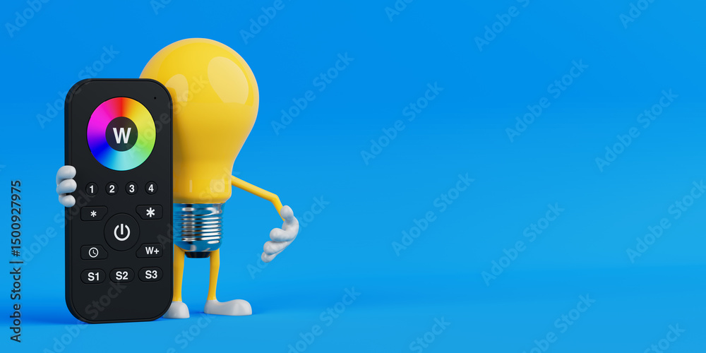 Poster Smart Control Concept. Yellow Cartoon Light Bulb Character Holding LED Light Remote With Color Wheel. 3d Rendering