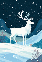 Winter Serenity: White Deer in Snowy Mountain Night
