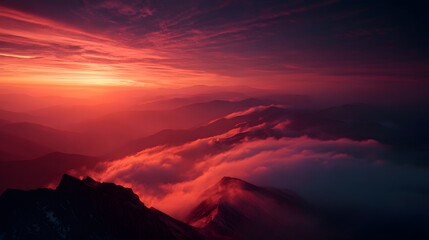 Dramatic Sunset over Mountain Range with Crimson Clouds and Peaks