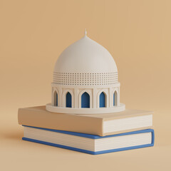 Islamic Education And Cultural Knowledge. Mosque Model Standing On Stack Of Books. 3d Rendering