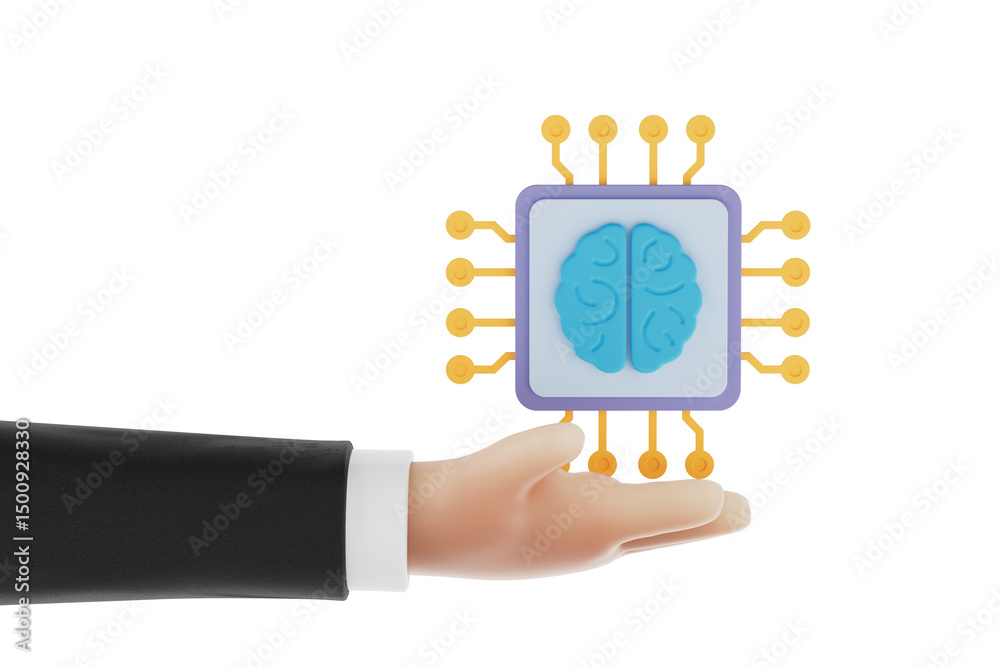 Poster Artificial Intelligence Integration Concept. Human Hand Holding Neural Processor With Brain Symbol. 3d Rendering