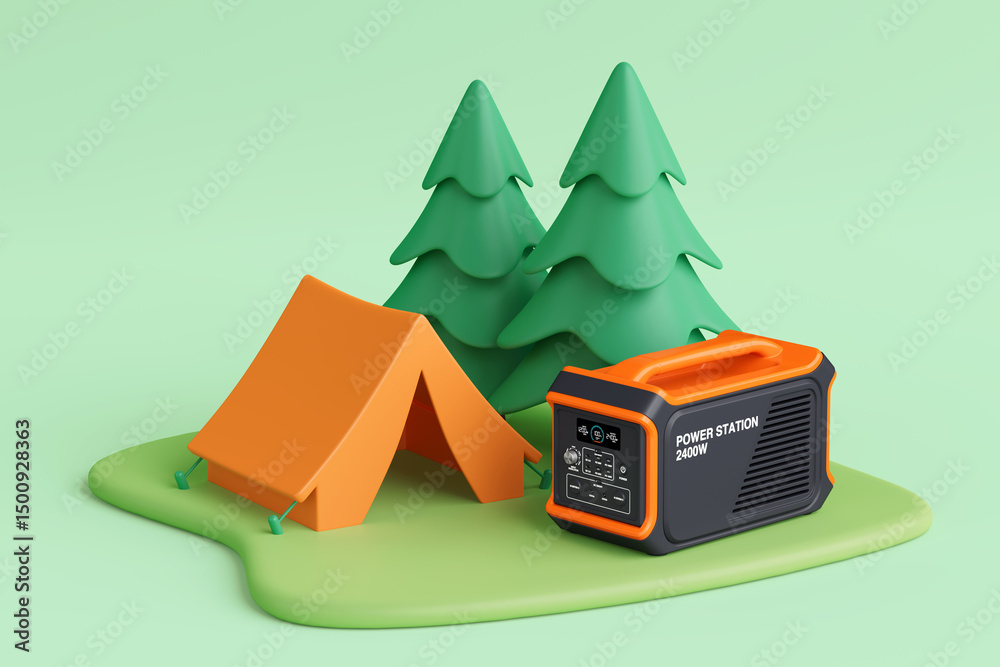 Aufkleber Off Grid Power And Camping Concept. Portable Power Station With Tent And Trees. 3d Rendering
