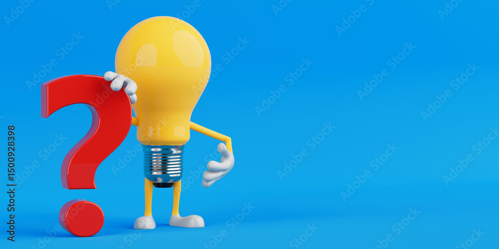Fototapete Curiosity And Questioning Concept. Light Bulb Character Holding Large Red Question Mark. 3d Rendering