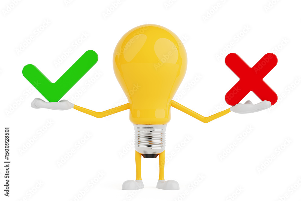Aufkleber Decision Making Concept With Positive And Negative Choice. Light Bulb Character Holding Check And Cross Symbols. 3d Rendering