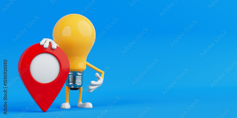 Fototapete Navigation And Location Idea Concept. Yellow Light Bulb Character Holding Red Map Pin Marker. 3d Rendering