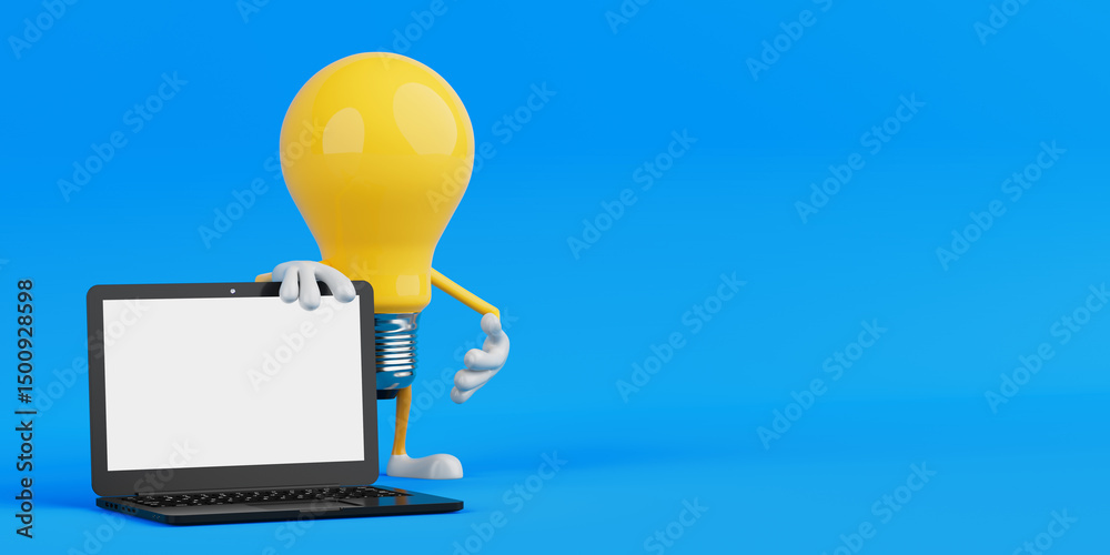 Poster technology and online idea concept. yellow light bulb character standing with blank screen laptop. 3