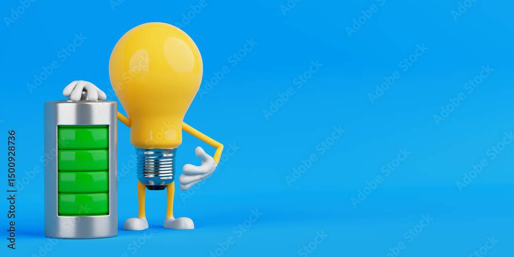 Poster Energy Efficiency And Power Concept. Yellow Light Bulb Character Standing With Fully Charged Battery. 3d Rendering
