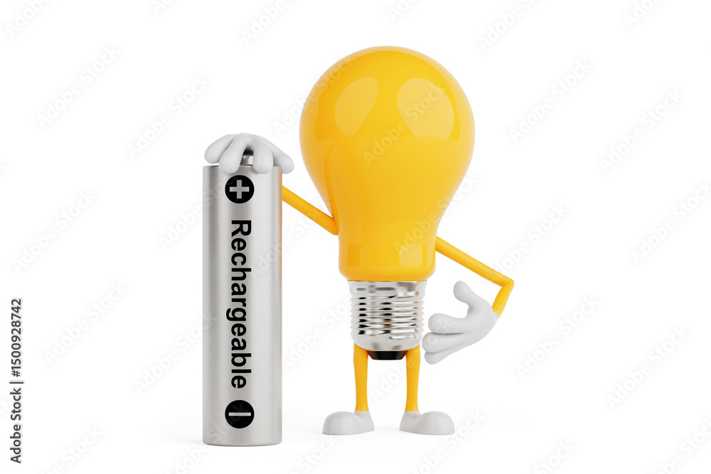 Poster Energy Saving And Recharge Concept. Yellow Light Bulb Character Standing With Rechargeable Battery. 3d Rendering