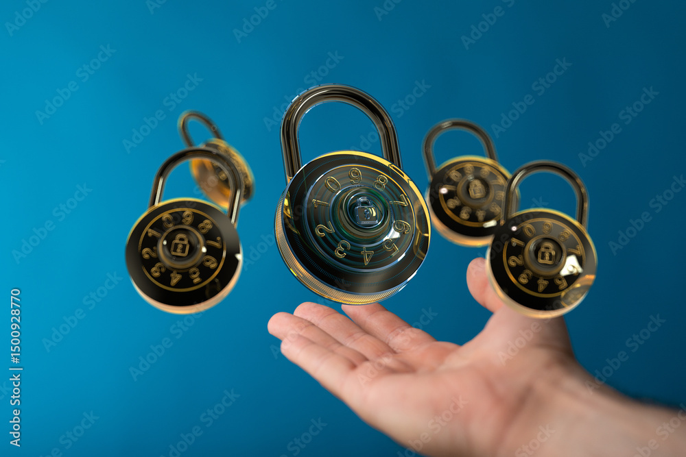 Poster Safeguarding information: Multiple combination locks floating above a hand, symbolizing digital security and data protection.