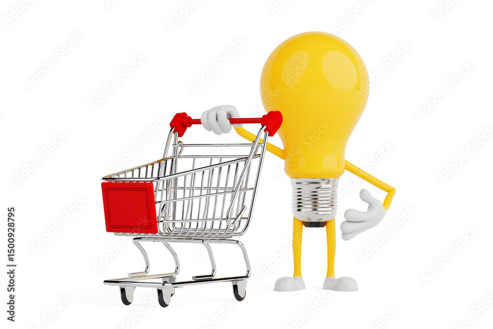 Poster e commerce and shopping concept. yellow light bulb character holding empty shopping cart. 3d renderi