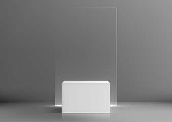 minimalist white pedestal display mockup on gray reflective surface with glass panel backdrop