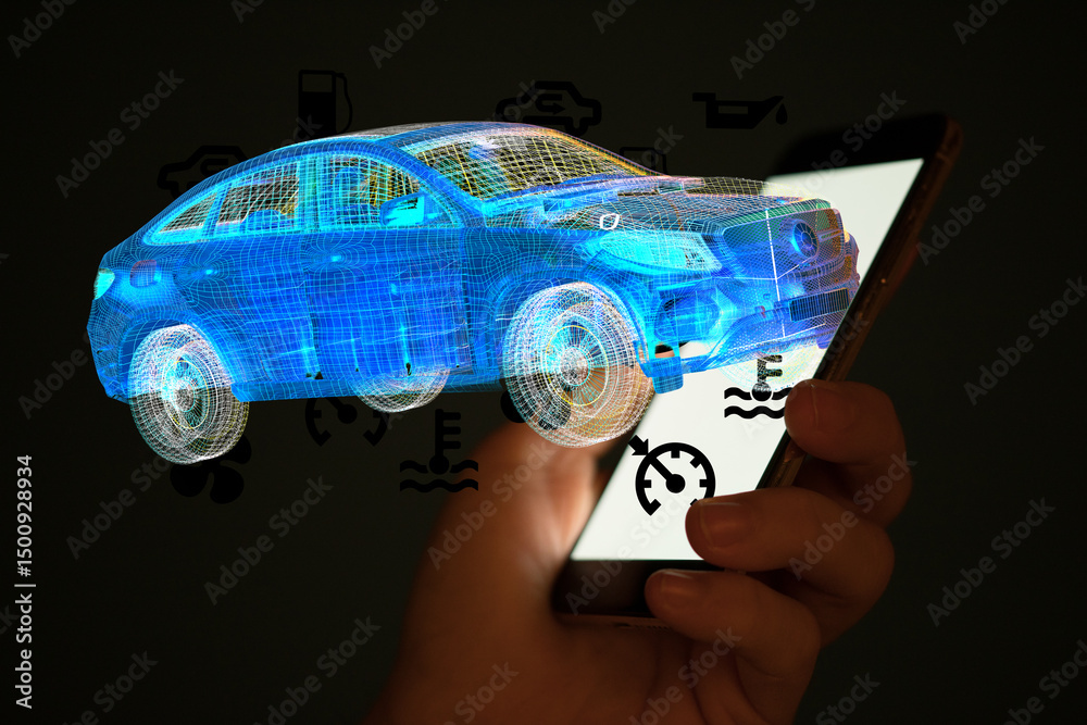 Poster augmented reality app showing car diagnostics on a smartphone screen.