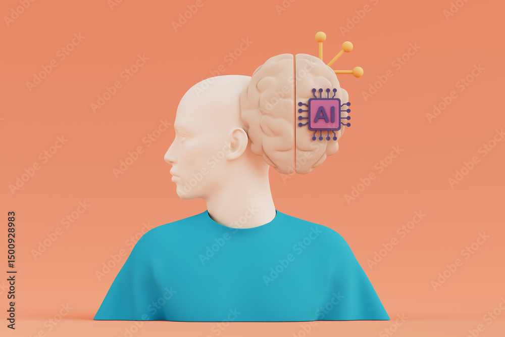 Poster Artificial Intelligence Integration In Human Mind. Stylized Head With Brain And AI Chip. 3d Rendering