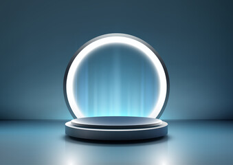 3d futuristic blue metallic podium with glowing circular frame modern technology mockup showcase