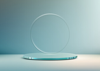 minimalist round clear glass frame on light blue reflective platform modern product display mockup