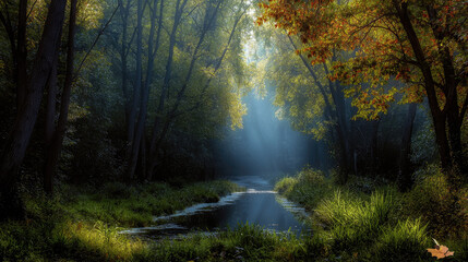 Sunlight, autumn, forest, river, trees, foliage, and tranquil mood create peaceful woodland scene in early morning light