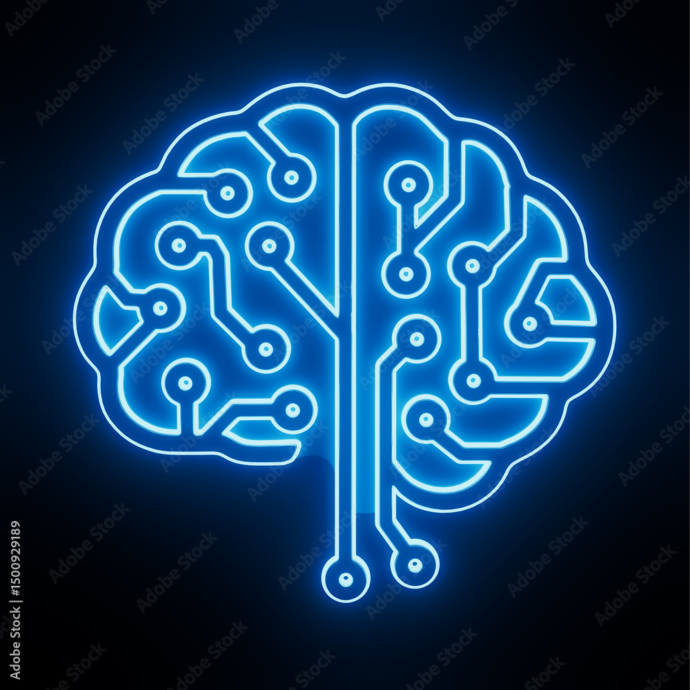 Poster Artificial Intelligence Concept. Glowing Blue Brain With Circuit Pattern. 3d Rendering
