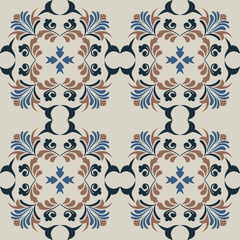 Seamless vintage damask floral tile design in blue and earthy tones, perfect for textile prints and home decor.