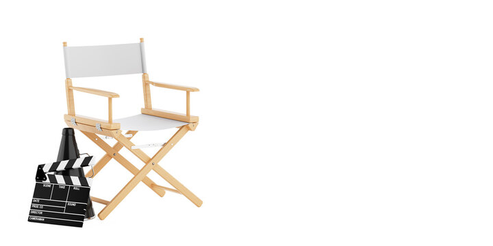 Film Production Concept. White Director&rsquo;s Chair With Clapboard And Megaphone. 3d Rendering