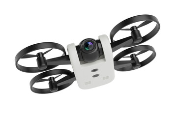 Modern Technology And Aerial Photography Concept. White Quadcopter Drone With Camera And Black Propellers. 3d Rendering