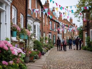 Diverse group of people celebrating on cobblestone street