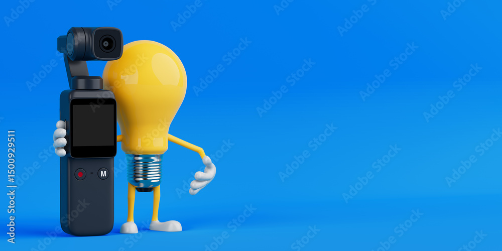 Poster Content Creation Idea Concept. Yellow Cartoon Light Bulb Character Holding Action Camera With Gimbal. 3d Rendering