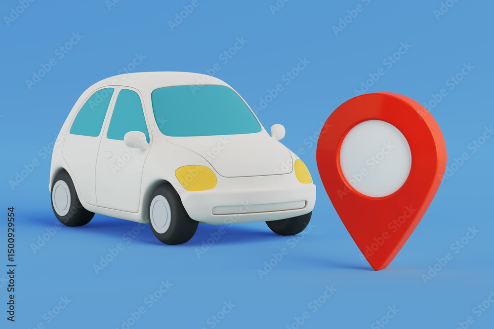 Poster navigation and transport concept. white cartoon car with red map pointer pin. 3d rendering
