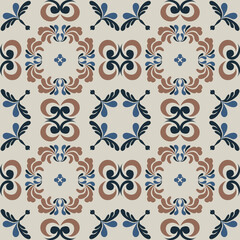 Seamless vintage damask floral tile design in blue and earthy tones, perfect for textile prints and home decor.