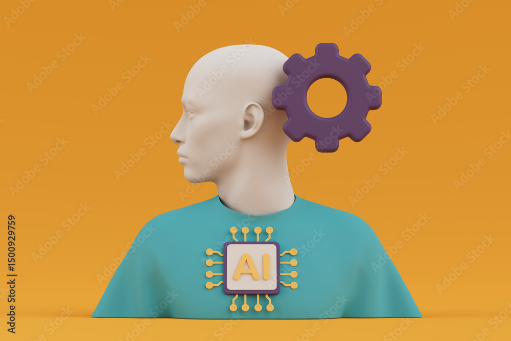Poster Artificial Intelligence And Human Integration Concept. Stylized Human Head With AI Chip And Gear. 3d Rendering