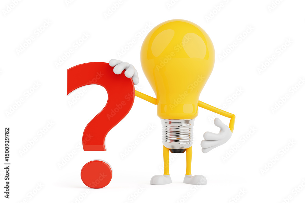 Fototapete Curiosity And Questioning Concept. Light Bulb Character Holding Large Red Question Mark. 3d Rendering