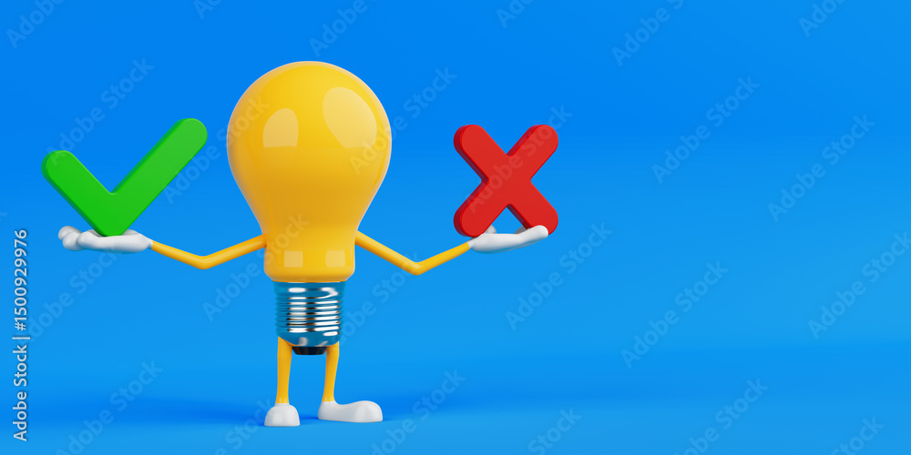 Poster Decision Making Concept With Positive And Negative Choice. Light Bulb Character Holding Check And Cross Symbols. 3d Rendering