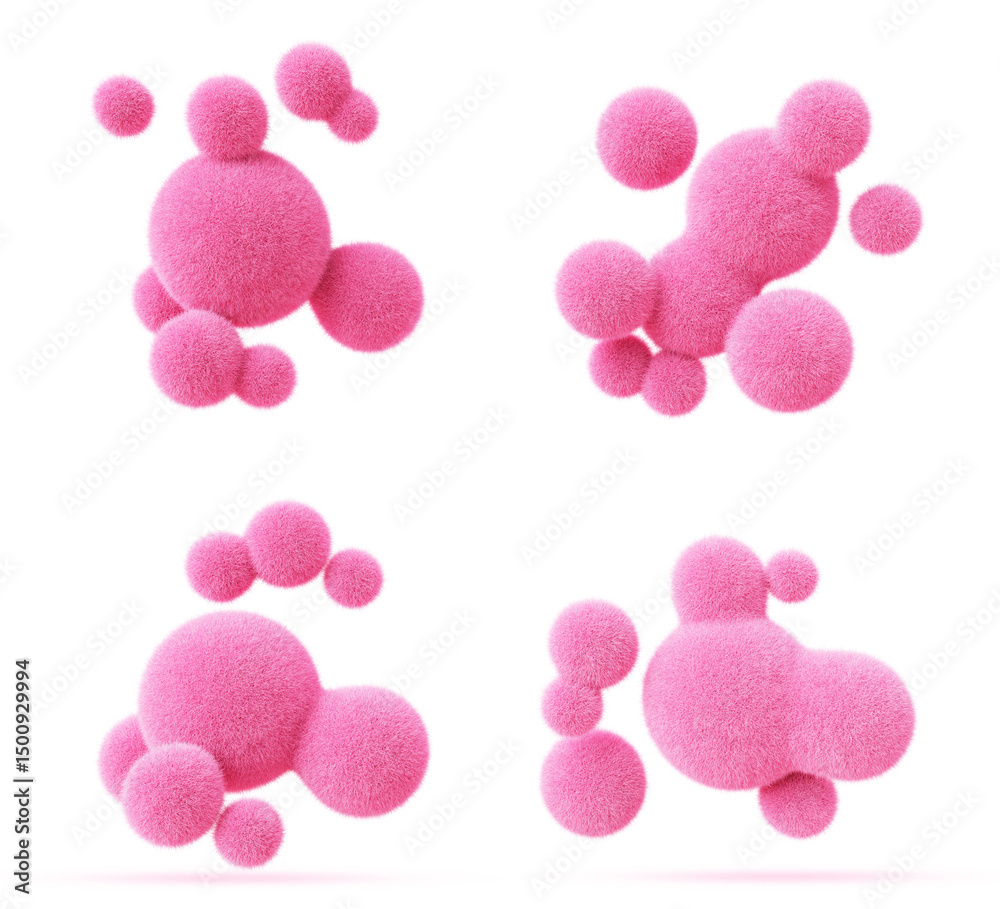 Wall mural pink fluffy metaball shapes with fur texture. abstract felt wool balls. soft plush spherical blobs. 