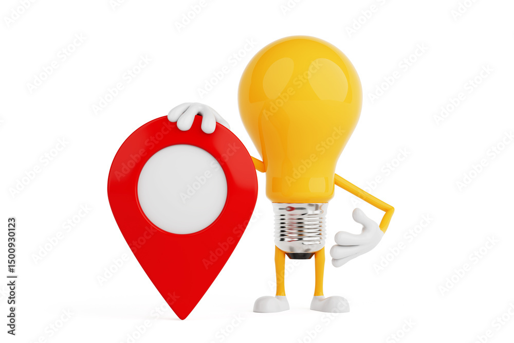 Poster navigation and location idea concept. yellow light bulb character holding red map pin marker. 3d ren