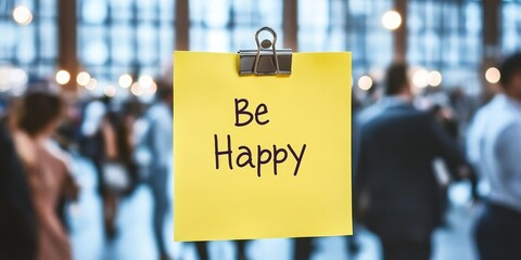 Be Happy. Yellow Sticky Note With Inspirational Quote. Business And Lifestyle Concept.