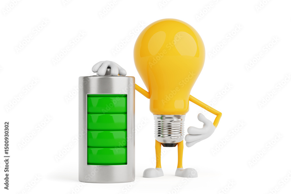 Poster Energy Efficiency And Power Concept. Yellow Light Bulb Character Standing With Fully Charged Battery. 3d Rendering