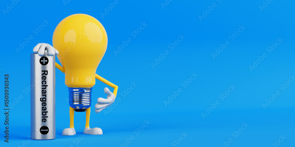 Poster Energy Saving And Recharge Concept. Yellow Light Bulb Character Standing With Rechargeable Battery. 3d Rendering