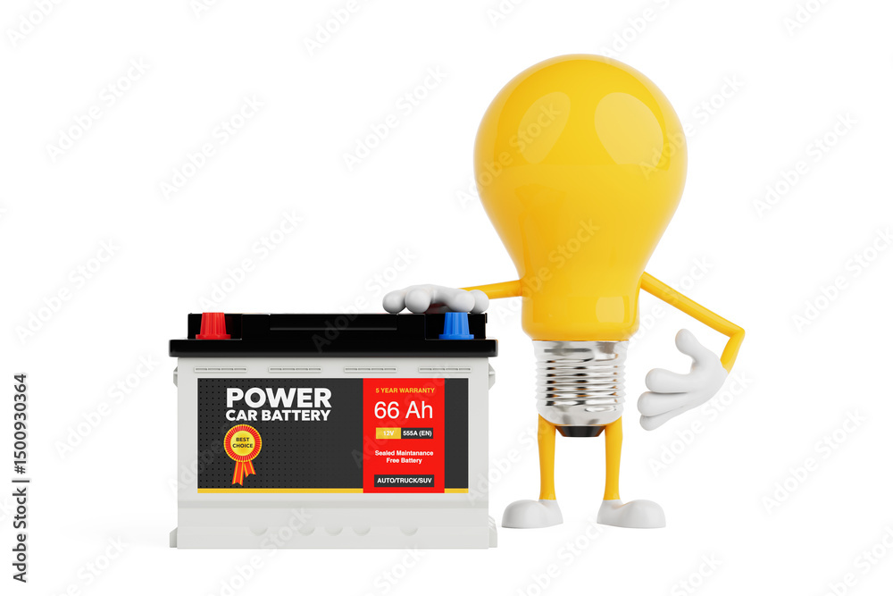 Poster energy and power supply concept. yellow light bulb character standing next to car battery. 3d render