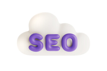 Digital Marketing And Search Optimization Concept. White Cloud Shape With Purple SEO Text. 3d Rendering